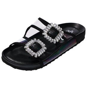 Toni - Black Bling & Rhinestone Adjustable Strap Slip-On Sandal Soft Platform